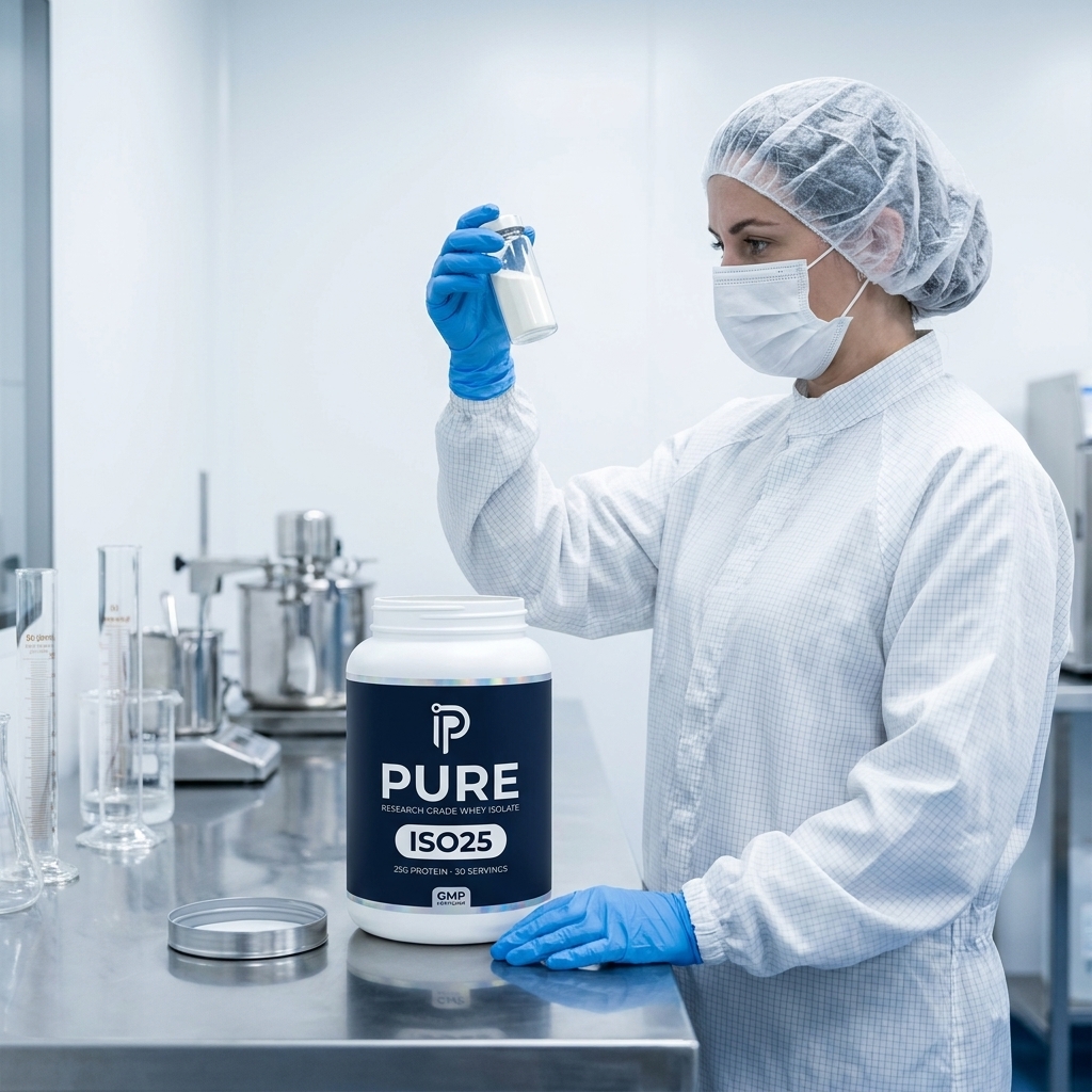 PURE cleanroom technician inspecting a protein sample vial