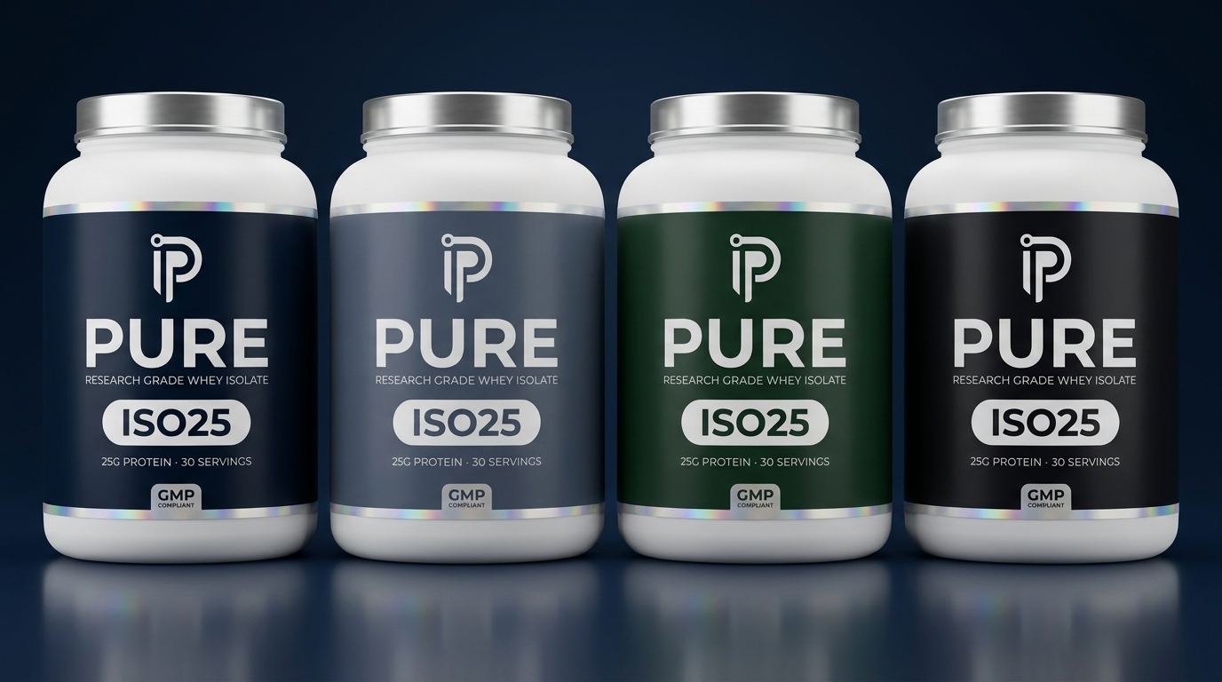 PURE whey isolate lineup — four SKUs side by side