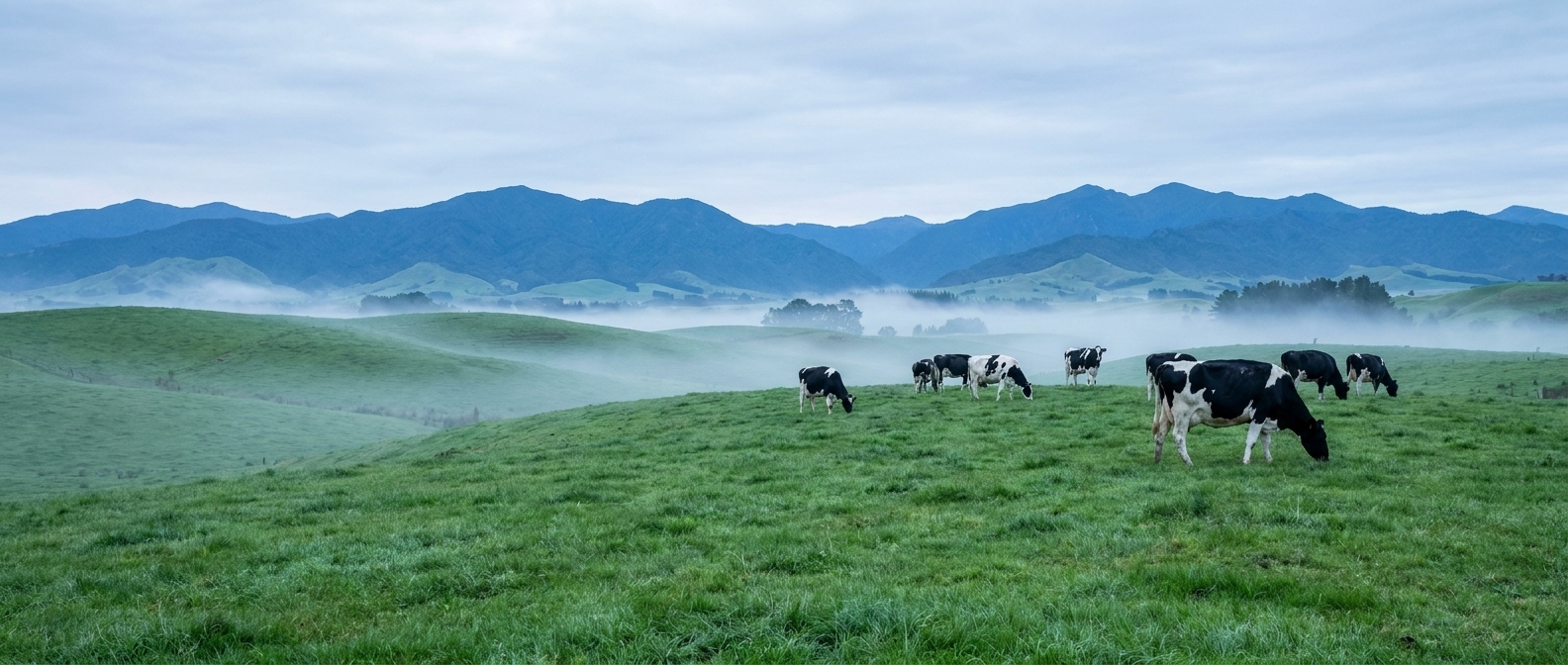Grass-fed dairy pasture in New Zealand South Island — PURE source