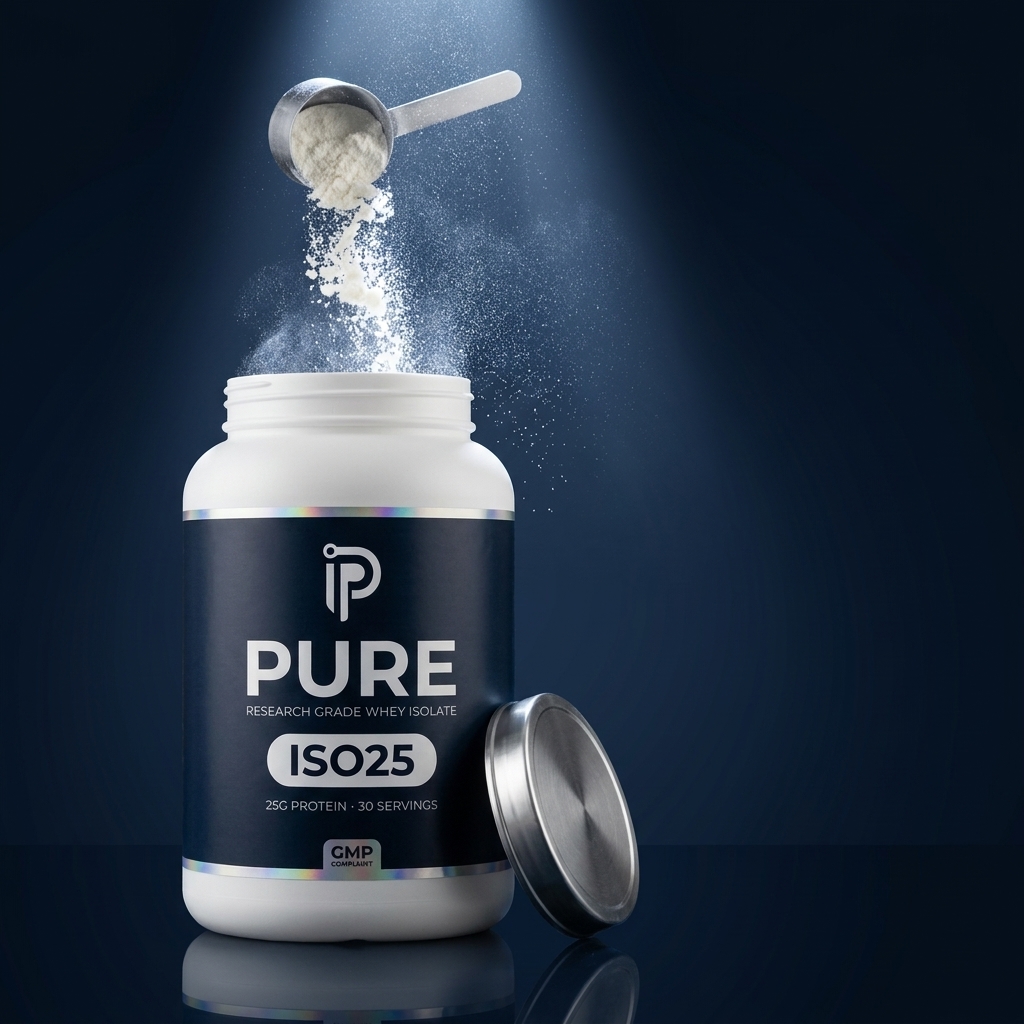 PURE whey isolate powder cascading into a shaker