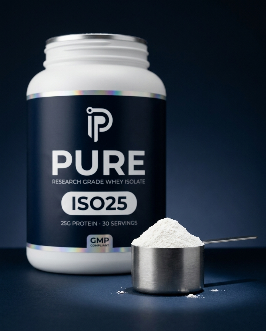 Macro of PURE whey isolate powder in a steel scoop